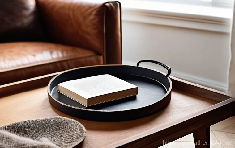 가죽공예 홈데코 소품 - **Prompt 1: Cozy Living Room Vignette with Handcrafted Leather Accents**
"A warmly lit, inviting...