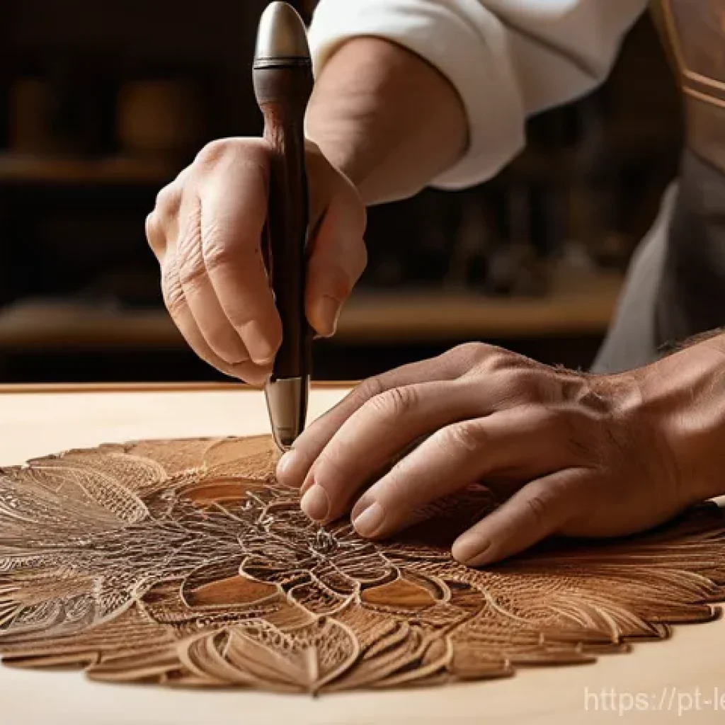 가죽공예 굽기 타입별 도구 사용 - Pyrography: The Artisan's Touch**
A skilled artisan, wearing a fitted, neutral-colored linen shirt ...