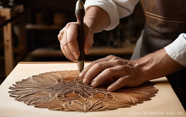 가죽공예 굽기 타입별 도구 사용 - Pyrography: The Artisan's Touch**
A skilled artisan, wearing a fitted, neutral-colored linen shirt ...