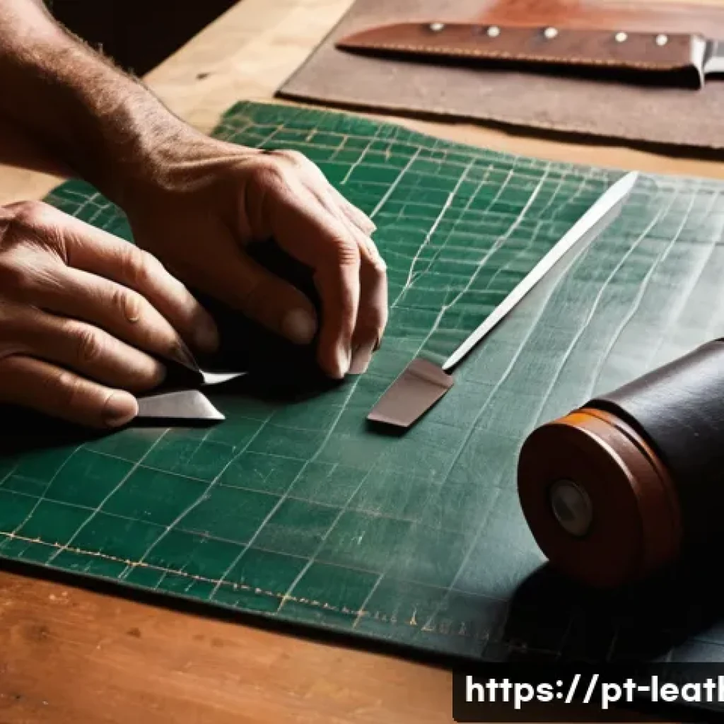 가죽공예 독학 방법 - A close-up, well-lit photograph captures the hands of a Portuguese artisan, gently examining a piece...