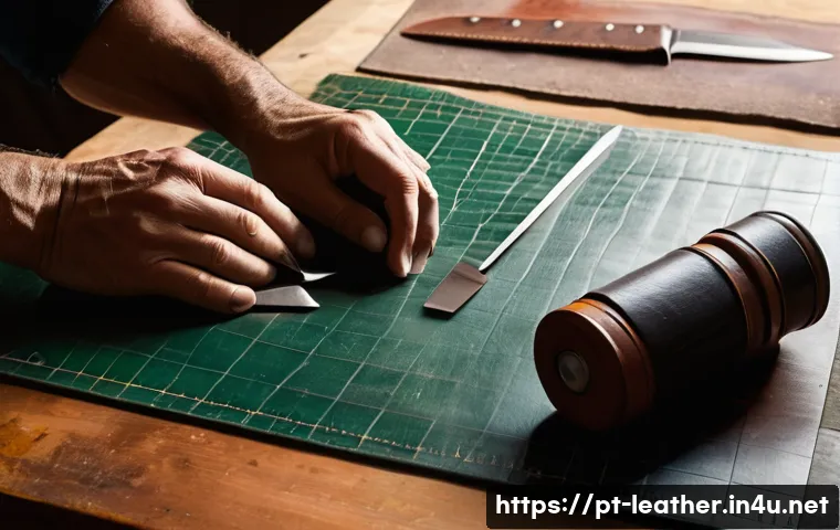 가죽공예 독학 방법 - A close-up, well-lit photograph captures the hands of a Portuguese artisan, gently examining a piece...