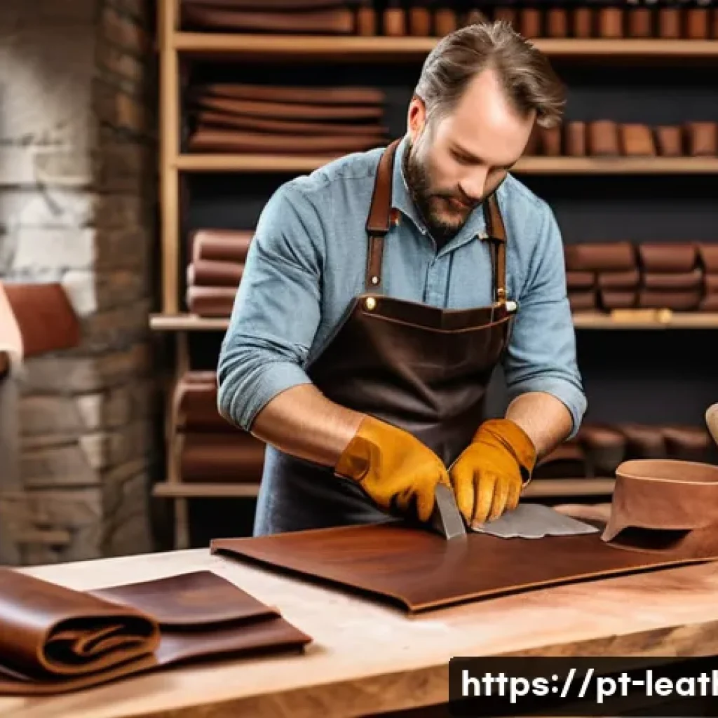 가죽공예 소재별 특성 - A high-resolution image of a traditional artisan workshop focusing on bovine leather crafting: a ski...