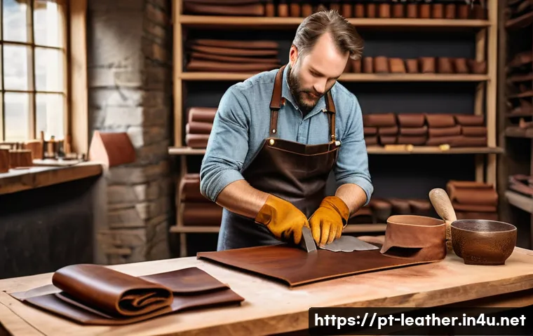 가죽공예 소재별 특성 - A high-resolution image of a traditional artisan workshop focusing on bovine leather crafting: a ski...