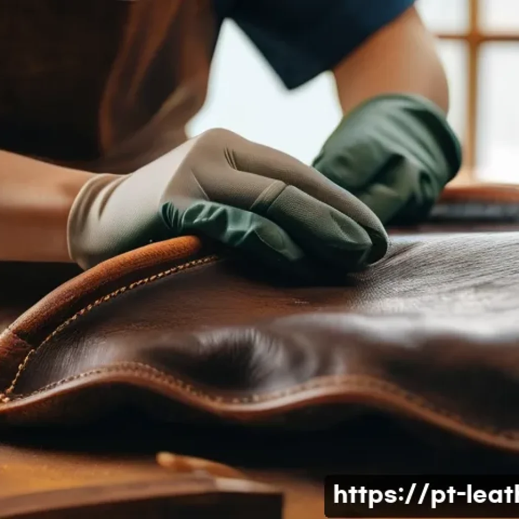 가죽공예 제품 마감 처리 - A close-up image of a skilled artisan meticulously cleaning a vintage leather handbag using a damp m...