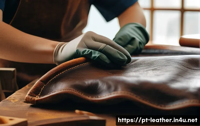 가죽공예 제품 마감 처리 - A close-up image of a skilled artisan meticulously cleaning a vintage leather handbag using a damp m...