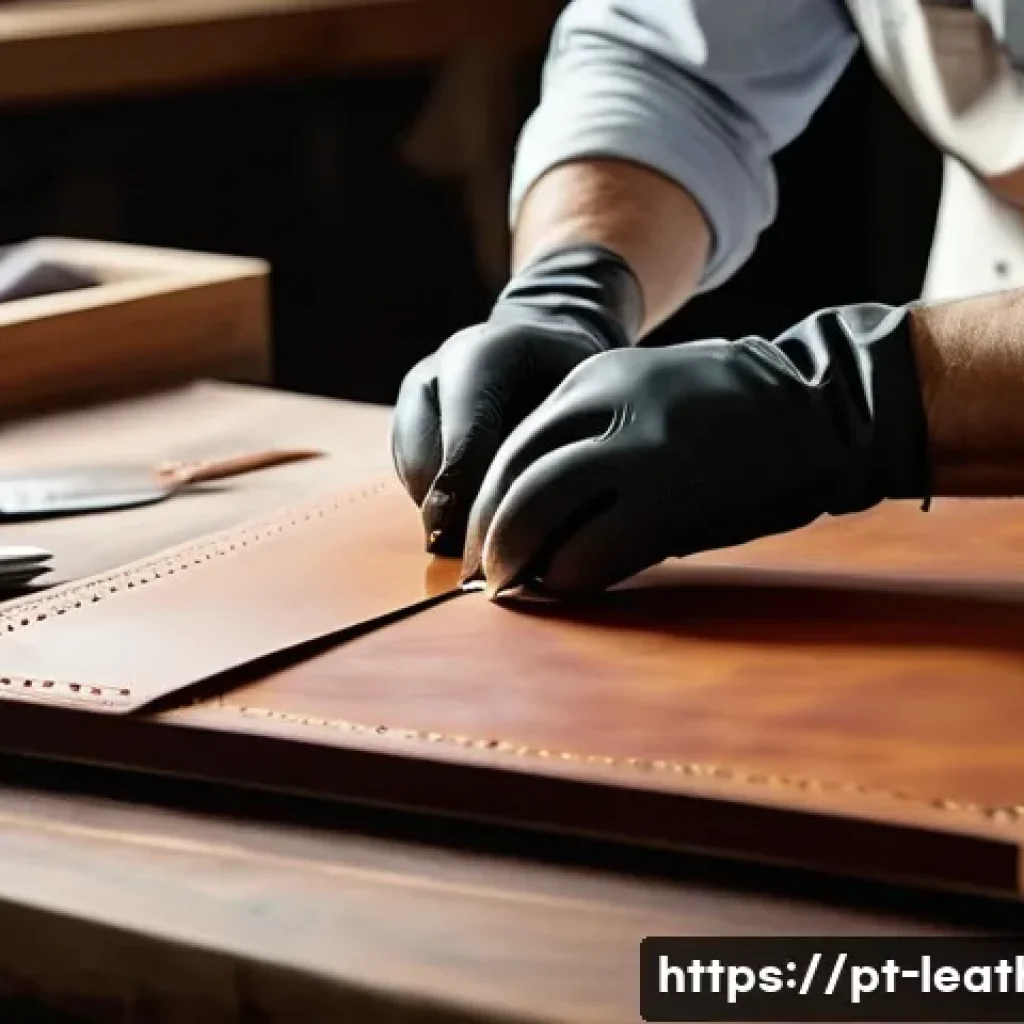 가죽공예 조각 및 커팅 도구 - A skilled artisan cutting leather with a sharp craft knife on a self-healing cutting mat, using a me...