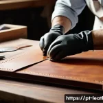 가죽공예 조각 및 커팅 도구 - A skilled artisan cutting leather with a sharp craft knife on a self-healing cutting mat, using a me...
