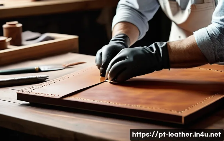 가죽공예 조각 및 커팅 도구 - A skilled artisan cutting leather with a sharp craft knife on a self-healing cutting mat, using a me...