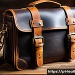 가죽공예 가방 제작법 - A detailed close-up image of a handcrafted leather bag made from buffalo leather, showcasing its coa...