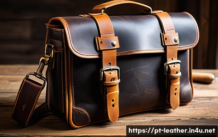 가죽공예 가방 제작법 - A detailed close-up image of a handcrafted leather bag made from buffalo leather, showcasing its coa...