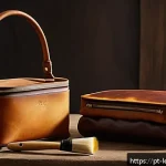 가죽공예 최적의 마감제 - A close-up image of a handcrafted leather handbag showcasing the contrast between smooth, dense bovi...
