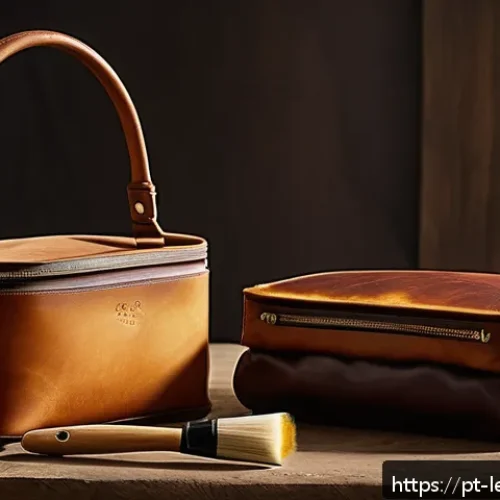가죽공예 최적의 마감제 - A close-up image of a handcrafted leather handbag showcasing the contrast between smooth, dense bovi...