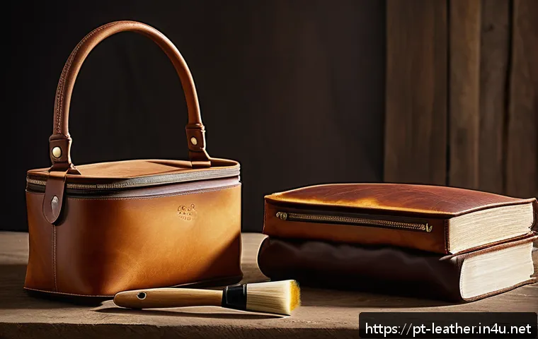 가죽공예 최적의 마감제 - A close-up image of a handcrafted leather handbag showcasing the contrast between smooth, dense bovi...