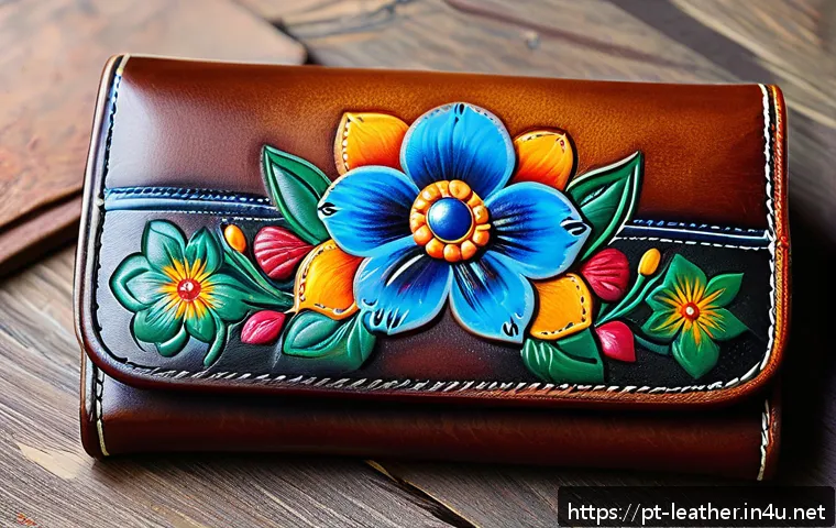 가죽공예 커스텀 제품 - A close-up view of a handcrafted leather wallet featuring intricate hand-painted floral designs in v...
