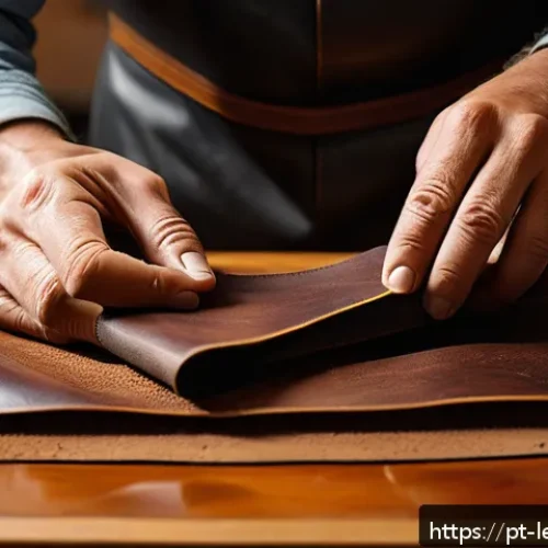 가죽공예 엣지 마감 - A close-up shot of a skilled artisan preparing leather edges for a professional finish: showing hand...