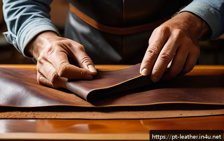 가죽공예 엣지 마감 - A close-up shot of a skilled artisan preparing leather edges for a professional finish: showing hand...