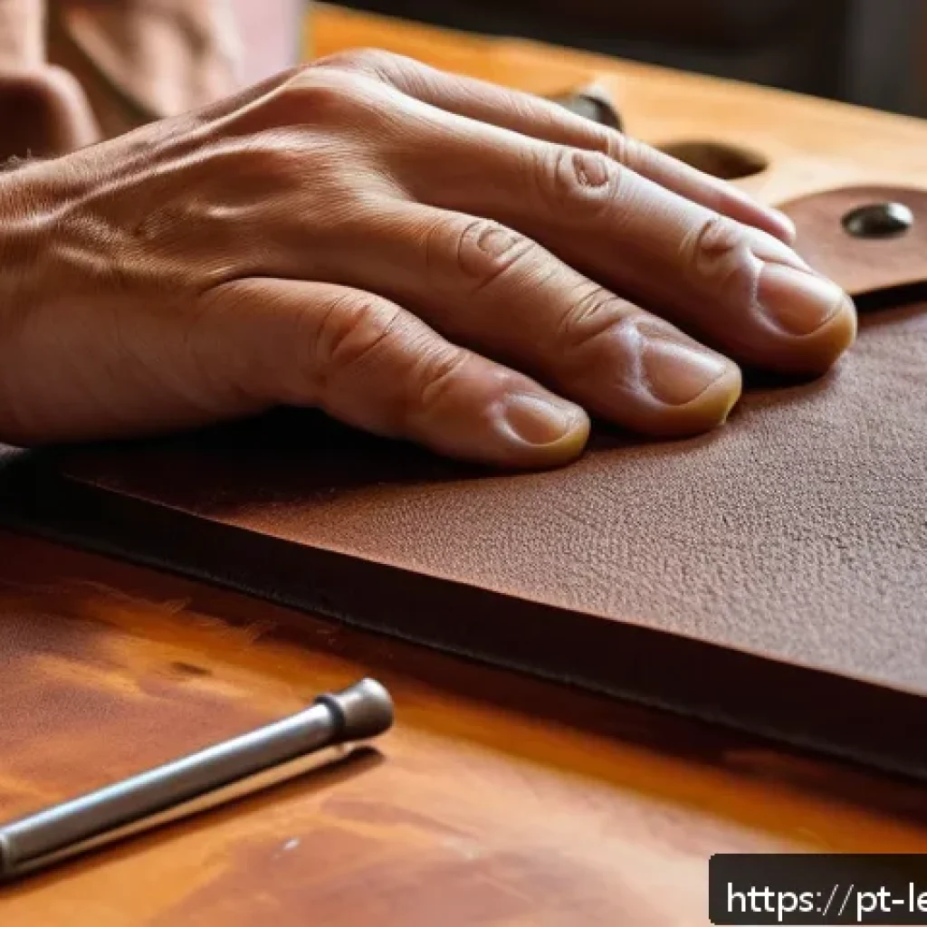 가죽공예 조각 및 리벳 사용법 - A highly detailed close-up of a leather artisan&rsquo;s hands using a rotary cutter and a metal ruler to m...