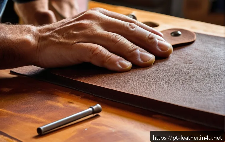가죽공예 조각 및 리벳 사용법 - A highly detailed close-up of a leather artisan&rsquo;s hands using a rotary cutter and a metal ruler to m...