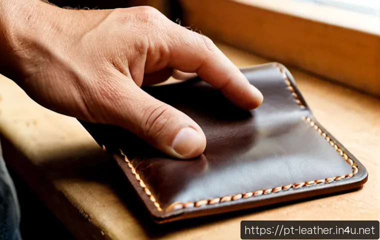 가죽공예 제품의 내구성 - Photorealistic close-up of a skilled leather artisan’s hands testing a thick full-grain leather wall...