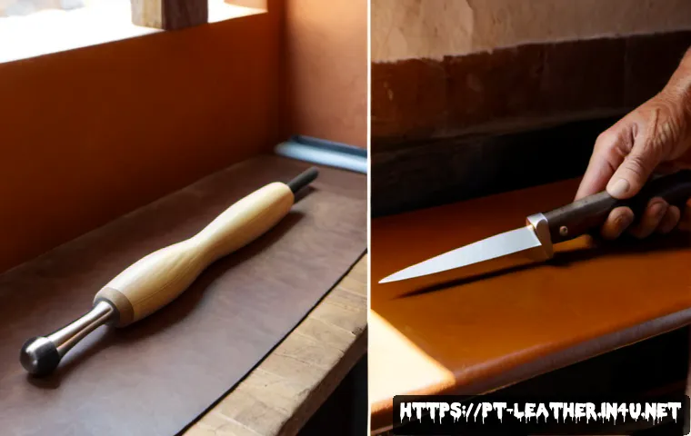 Home 17 가죽공예 전통 기법 vs 현대 기법 - Photorealistic side-by-side leathercraft comparison in a sunlit Portuguese artisan workshop: left si...