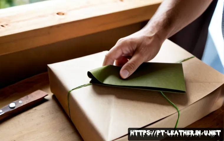 가죽공예 제품 포장법 - Photorealistic artisan workspace in Portugal, close-up of hands carefully wrapping a handcrafted bro...
